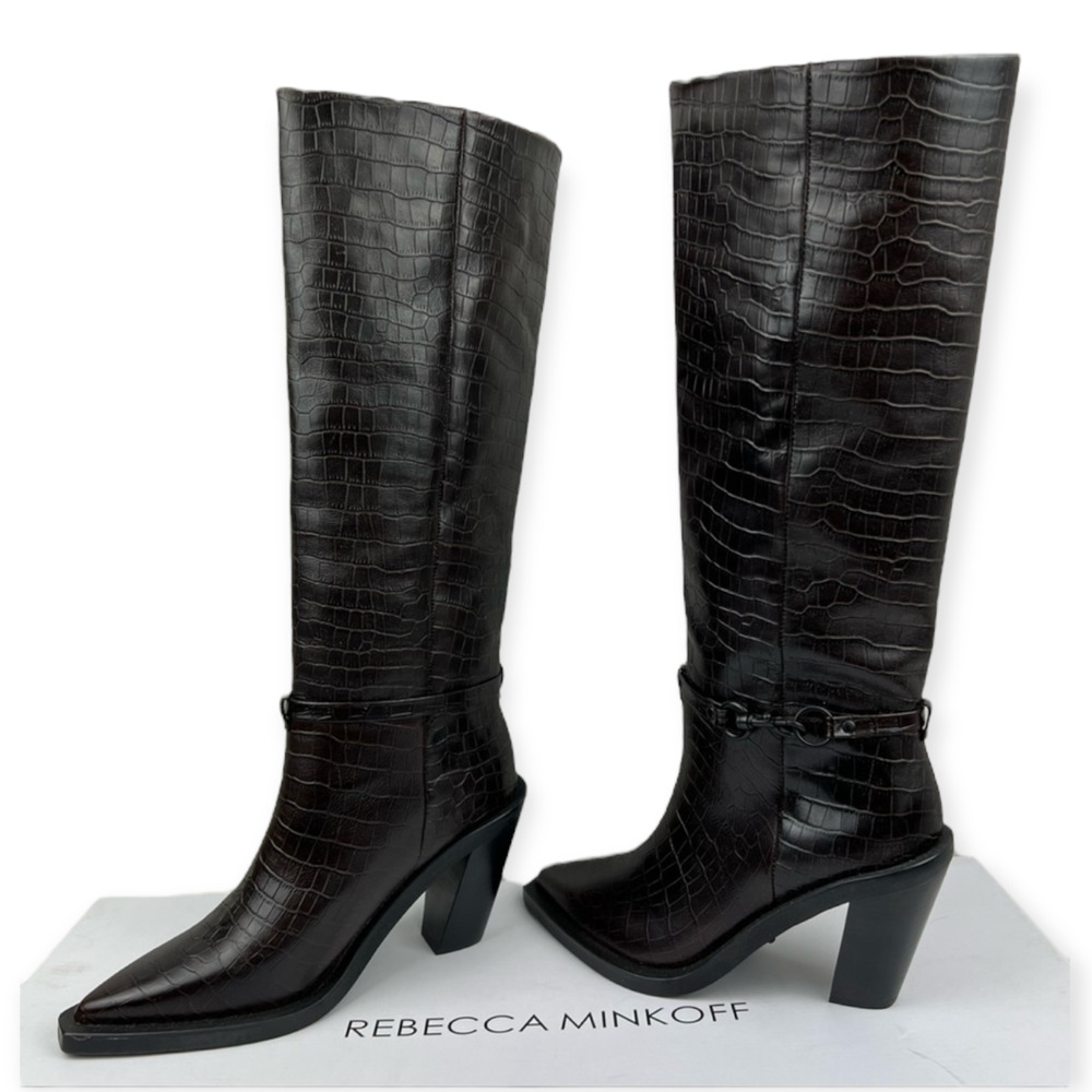 Rebecca Minkoff Black Croc-Embossed Heeled Boots